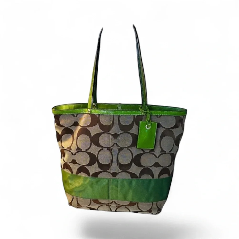 Coach Signature Stripe‎ Green Trim Tote Bag F0688-10125